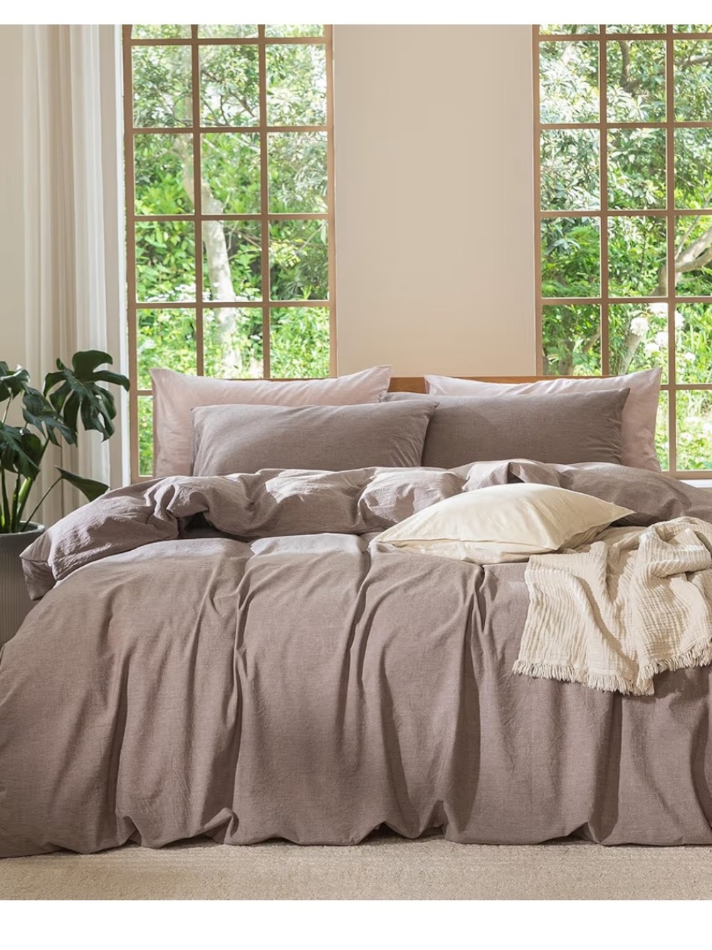 Washed Cotton Linen Queen Duvet Cover Set - Taupe